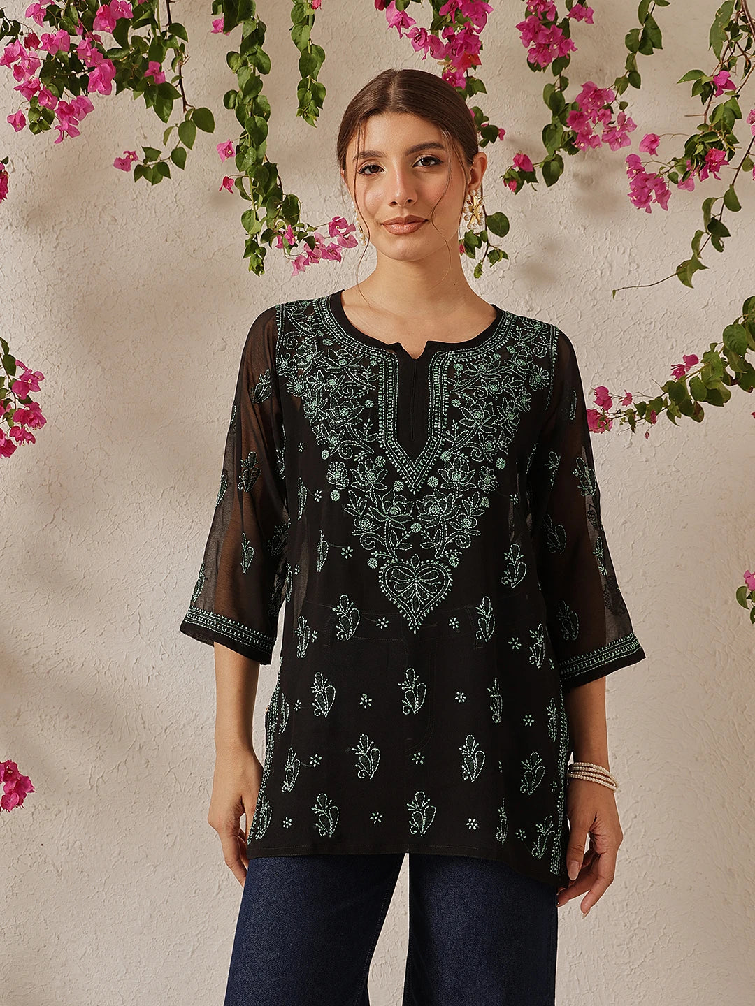 Ada Hand Embroidered Black Georgette Lucknow Chikan Kurti with slip A911133