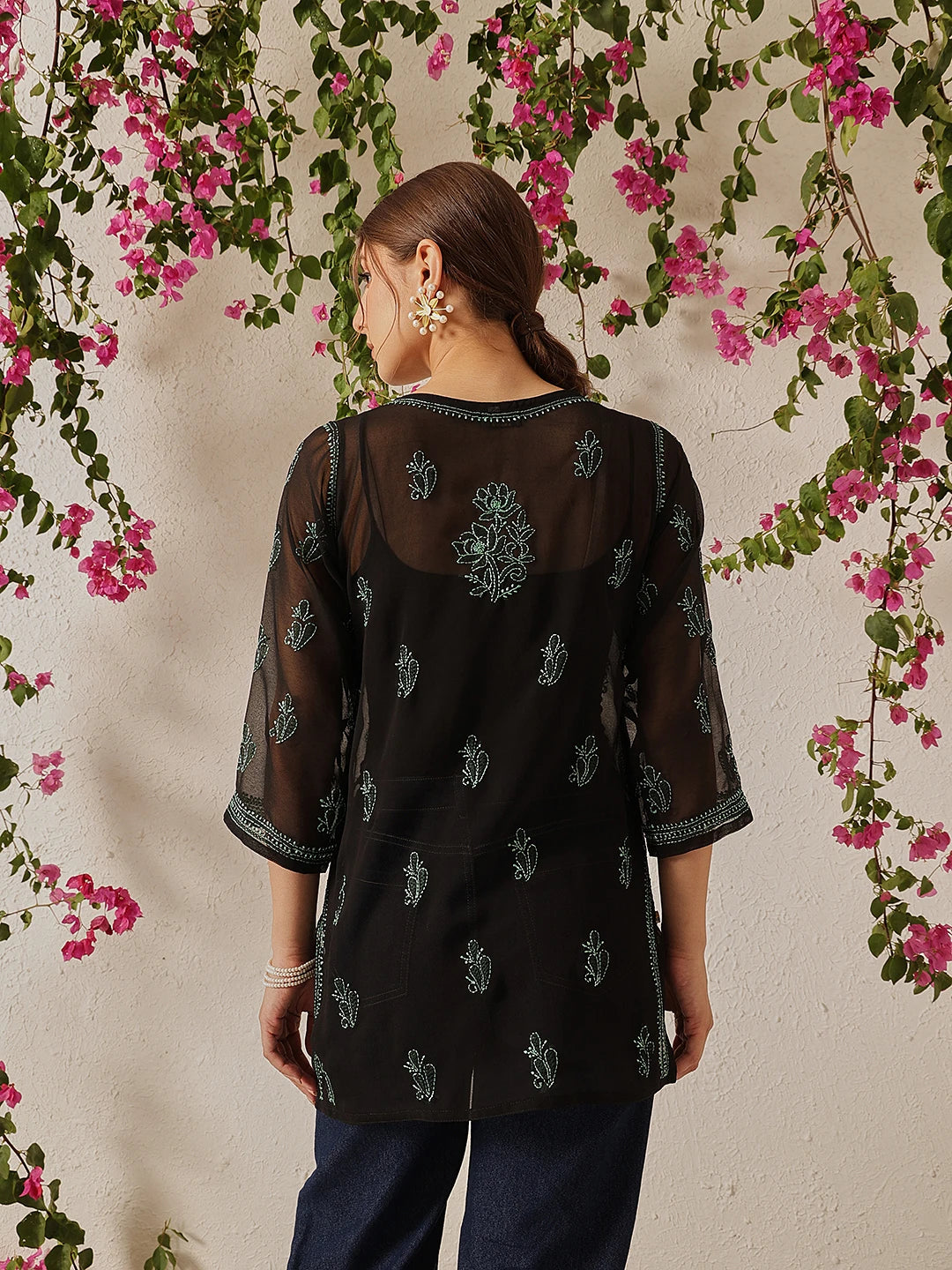 Ada Hand Embroidered Black Georgette Lucknow Chikan Kurti with slip A911133