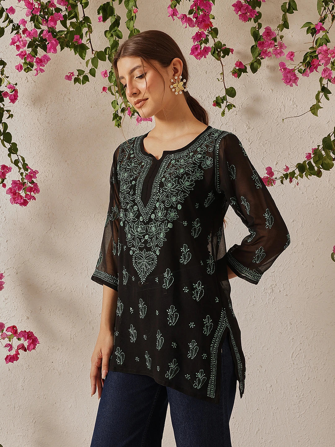Ada Hand Embroidered Black Georgette Lucknow Chikan Kurti with slip A911133