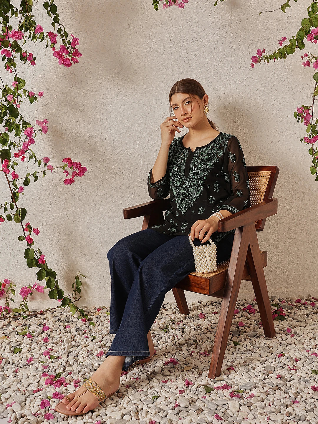 Ada Hand Embroidered Black Georgette Lucknow Chikan Kurti with slip A911133
