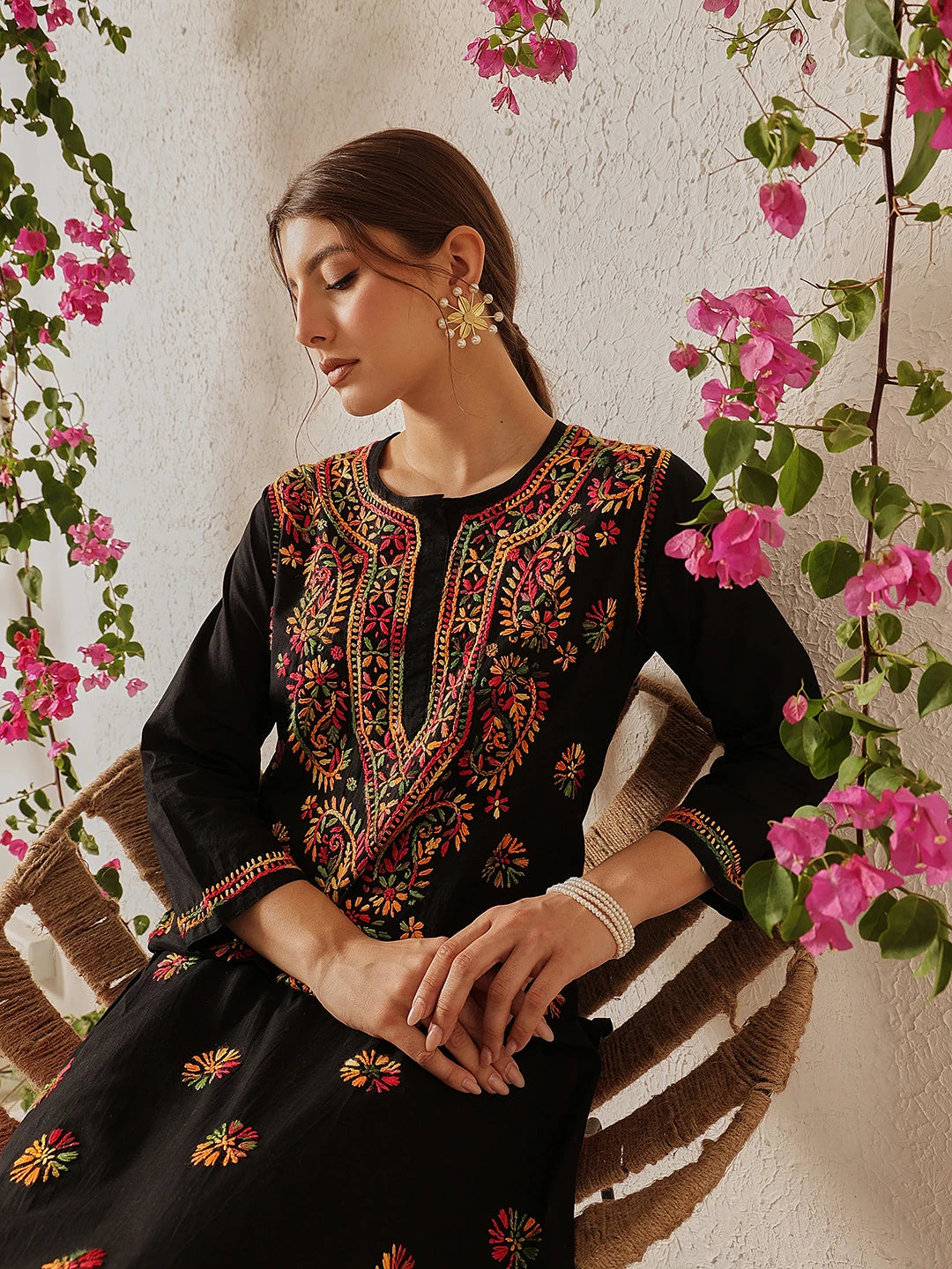 Ada Hand Embroidered Black Cotton Lucknowi Chikankari Straight Kurta A188048
