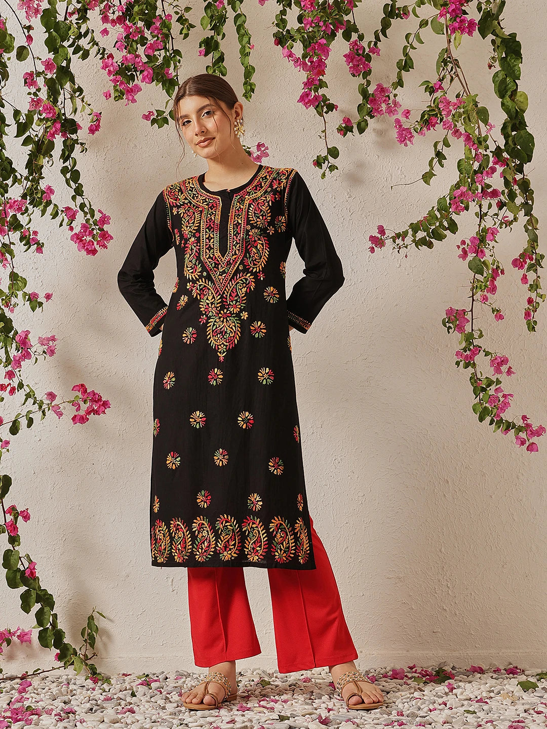 Ada Hand Embroidered Black Cotton Lucknowi Chikankari Straight Kurta A188048