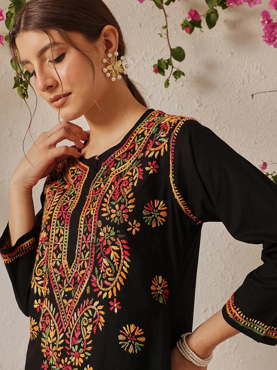Ada Hand Embroidered Black Cotton Lucknowi Chikankari Straight Kurta A188048