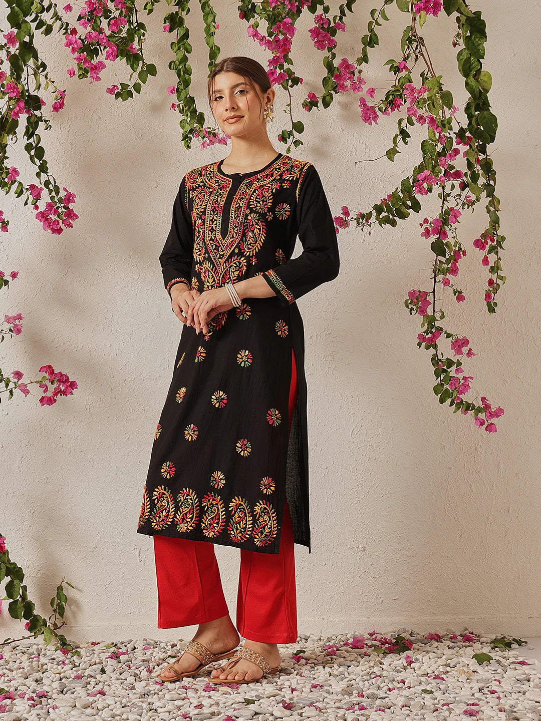Ada Hand Embroidered Black Cotton Lucknowi Chikankari Straight Kurta A188048