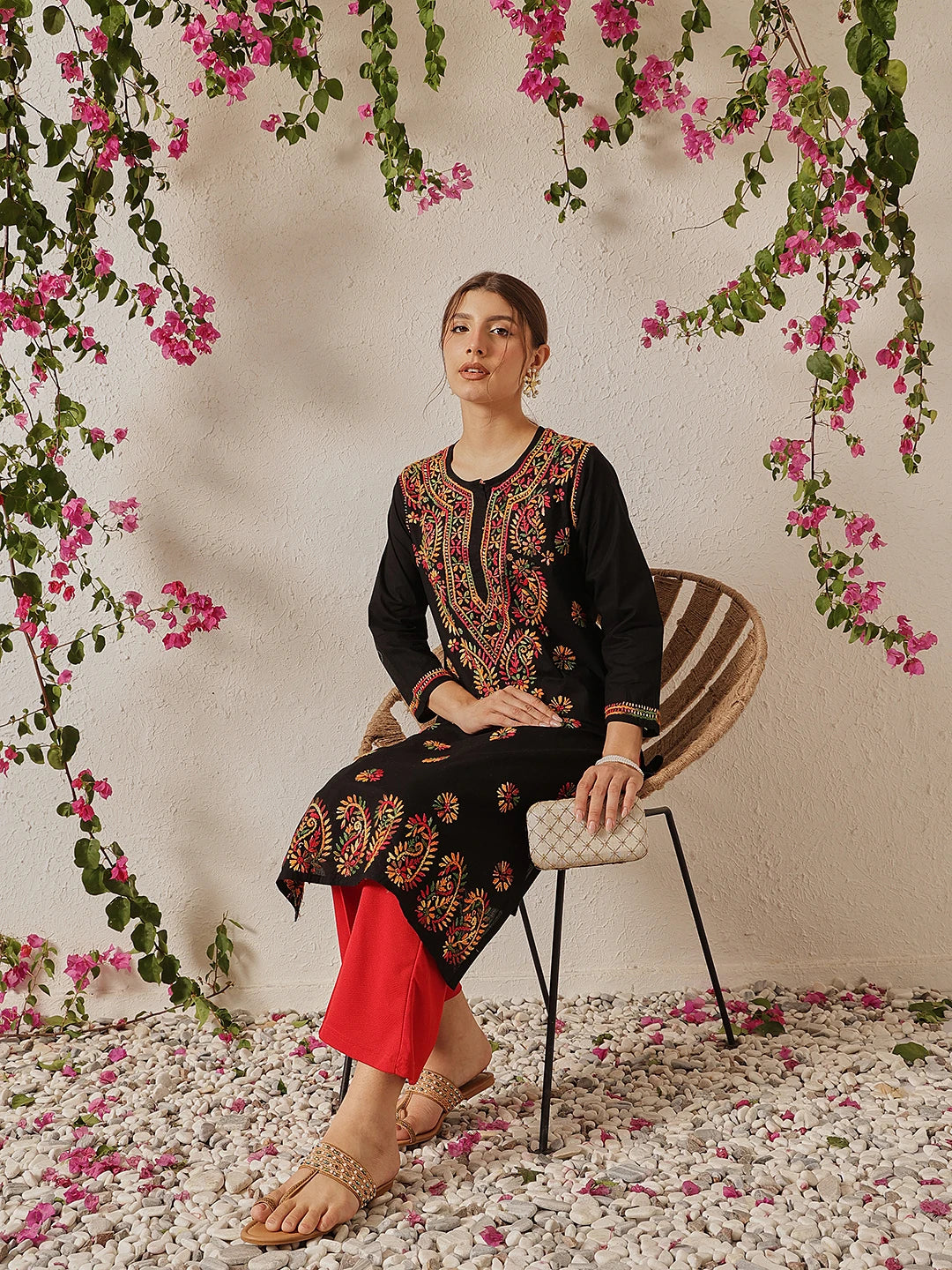 Ada Hand Embroidered Black Cotton Lucknowi Chikankari Straight Kurta A188048