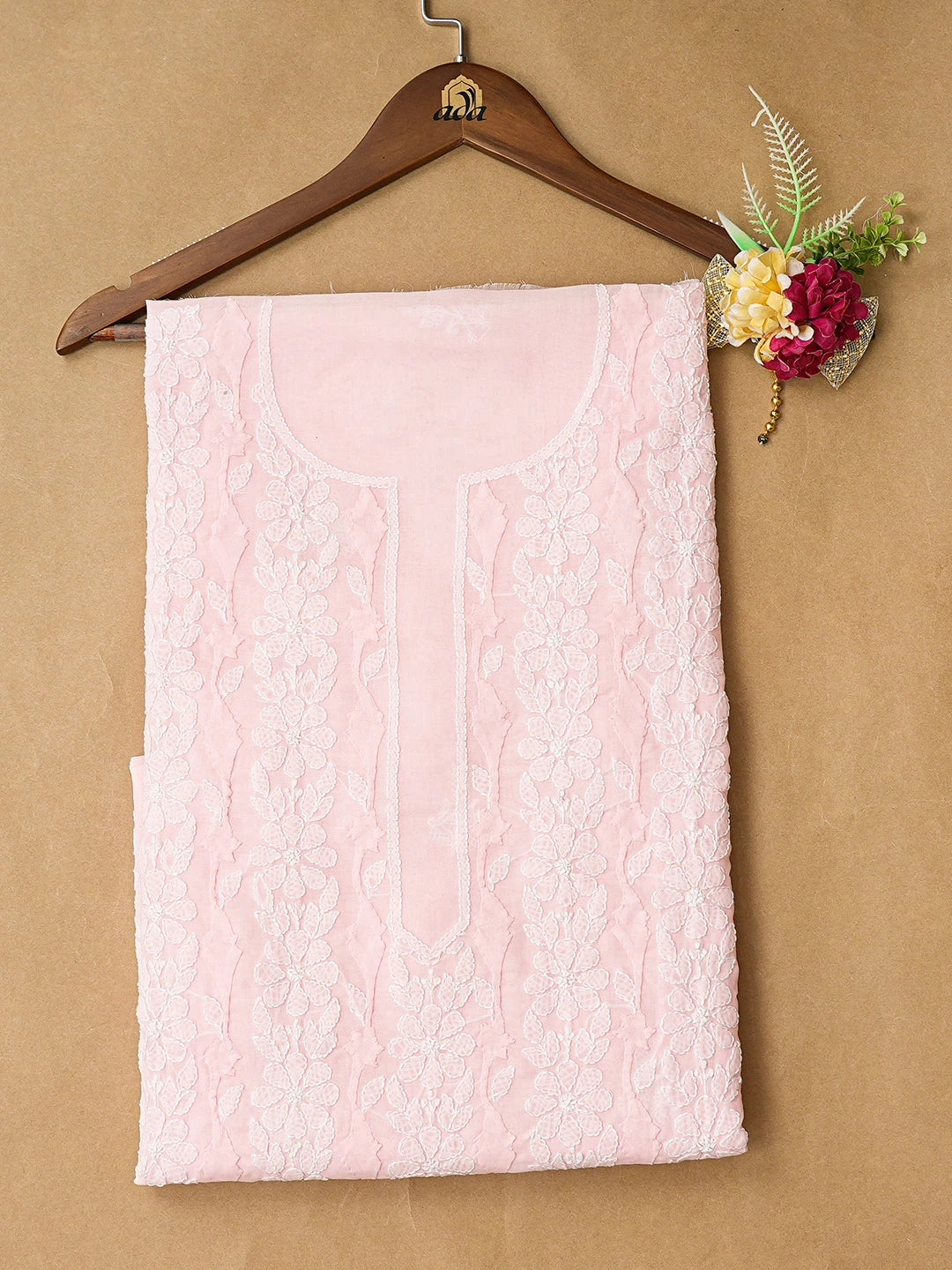 Ada Hand Embroidered Pink Cotton Lucknowi Chikankari Unstitched Kurta Piece 01A772773