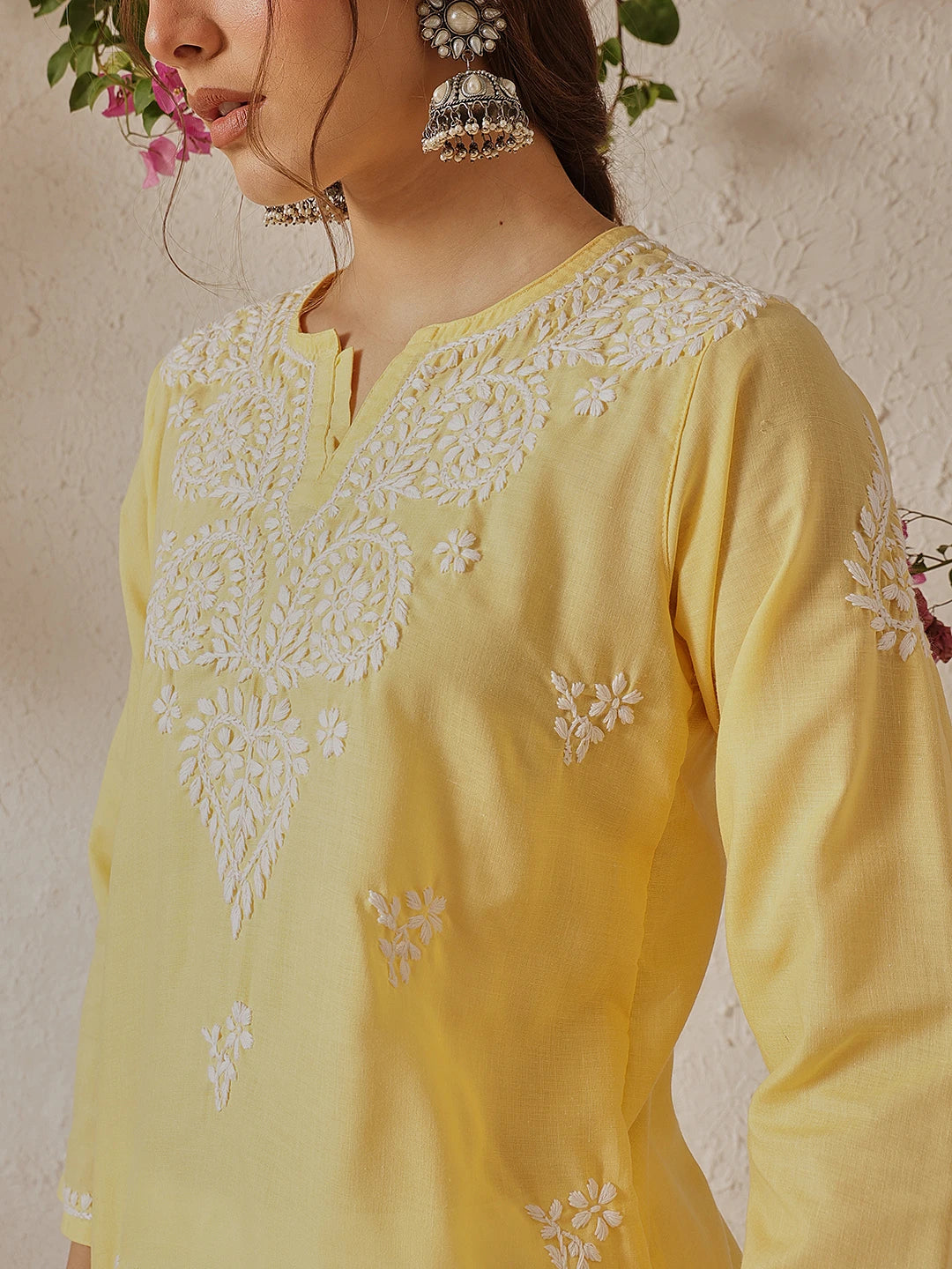 Ada Hand Embroidered Yellow Cotton Lucknowi Chikankari Kurti A911349