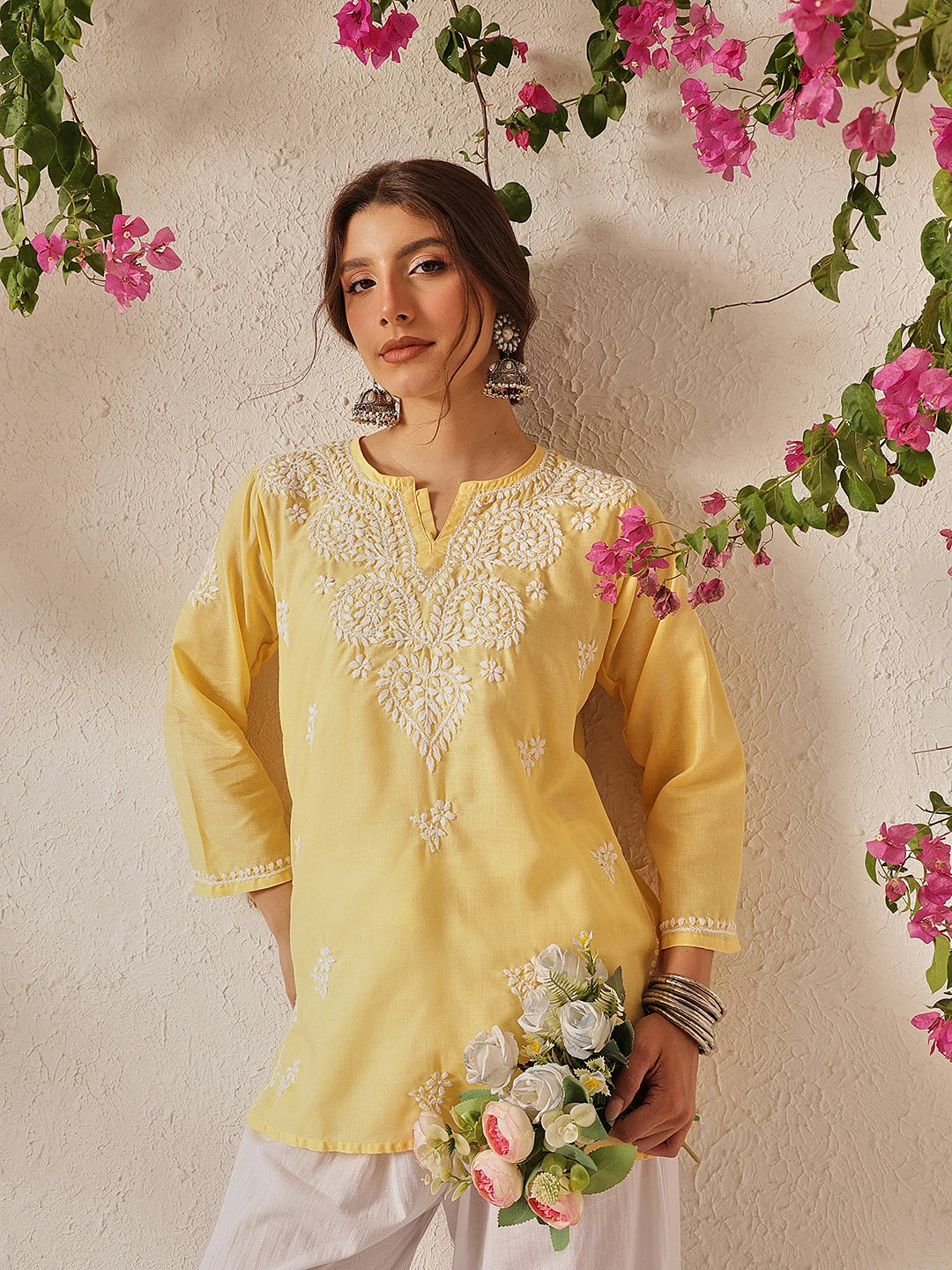 Ada Hand Embroidered Yellow Cotton Lucknowi Chikankari Kurti A911349