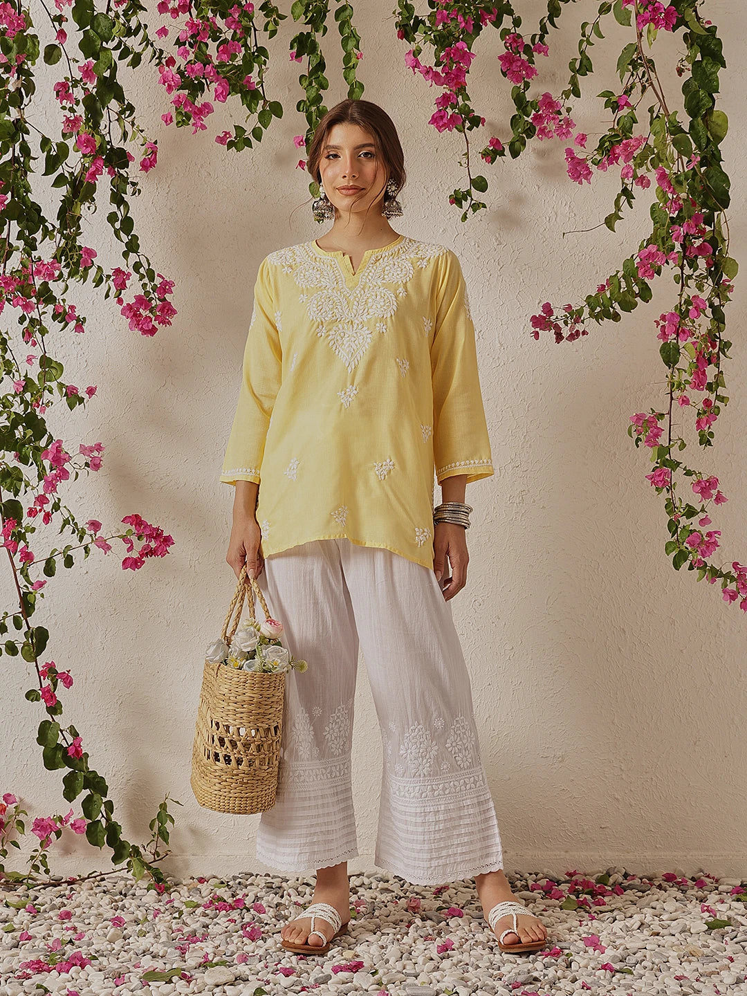 Ada Hand Embroidered Yellow Cotton Lucknowi Chikankari Kurti A911349