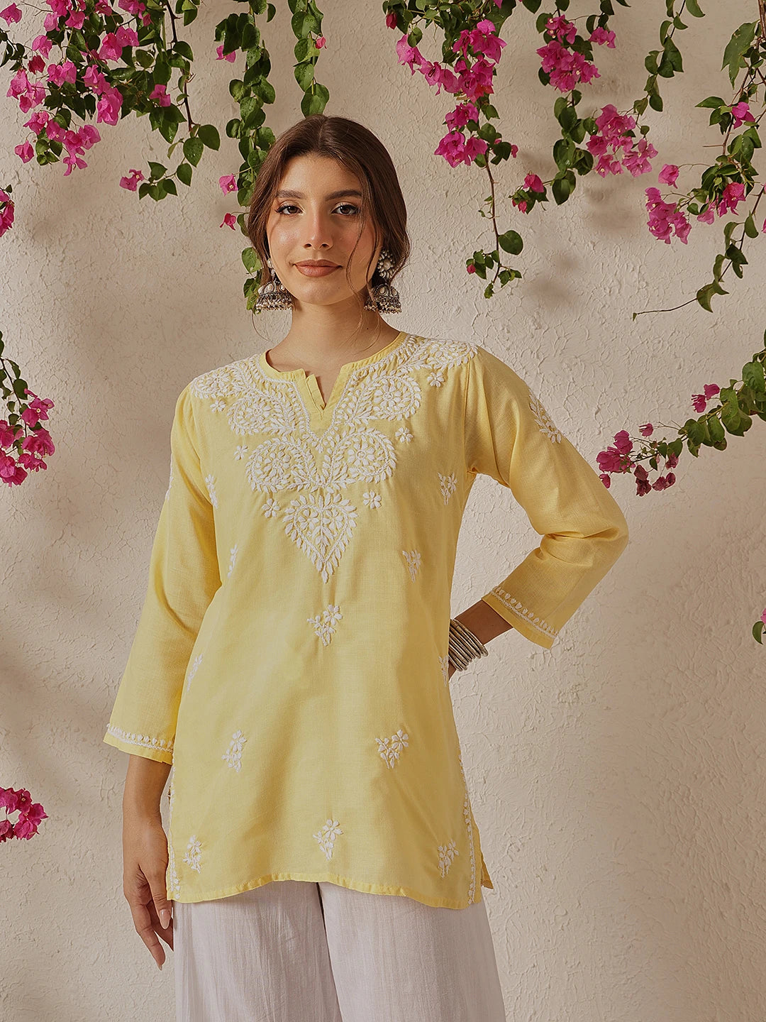 Ada Hand Embroidered Yellow Cotton Lucknowi Chikankari Kurti A911349