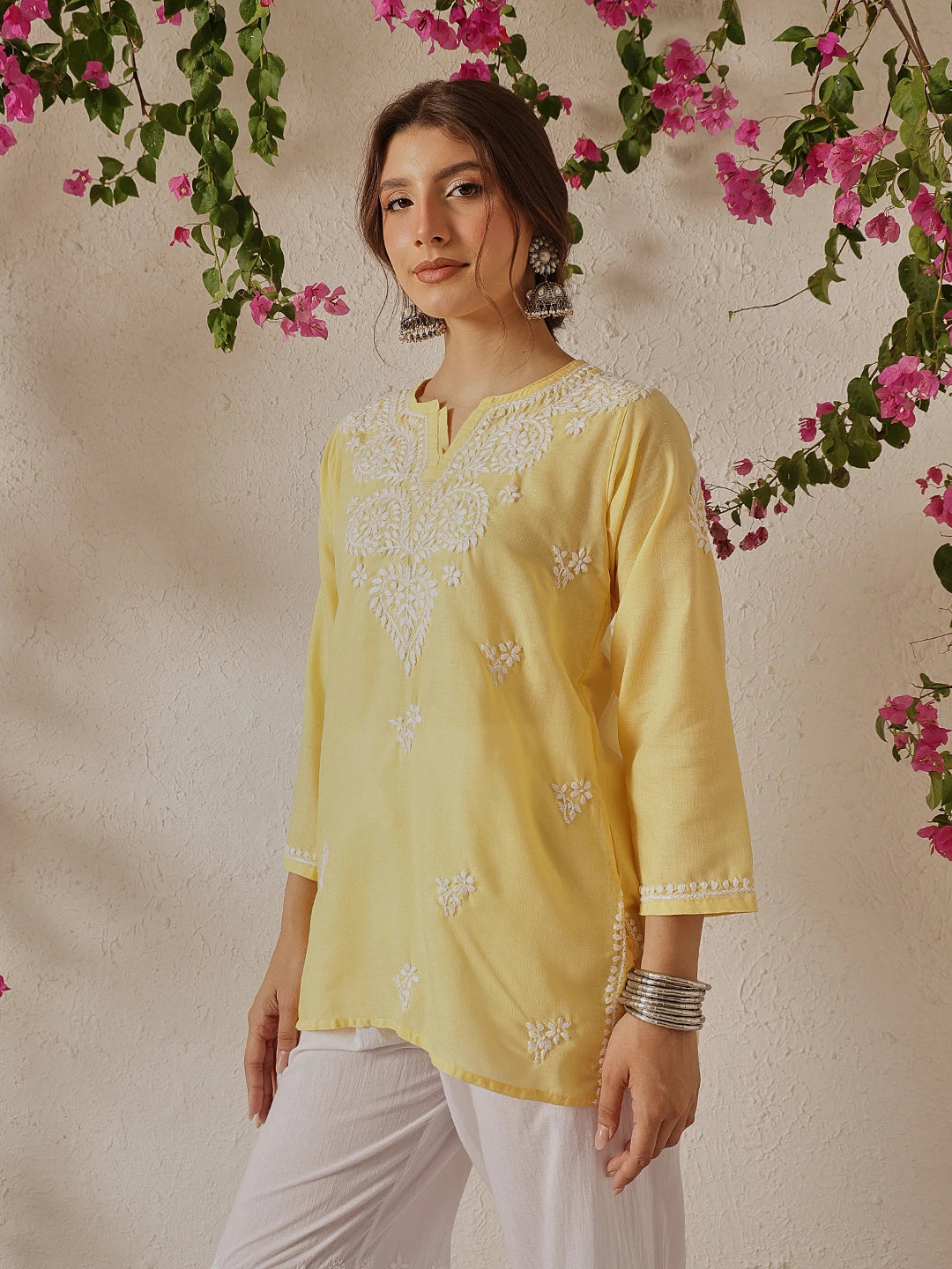 Ada Hand Embroidered Yellow Cotton Lucknowi Chikankari Kurti A911349