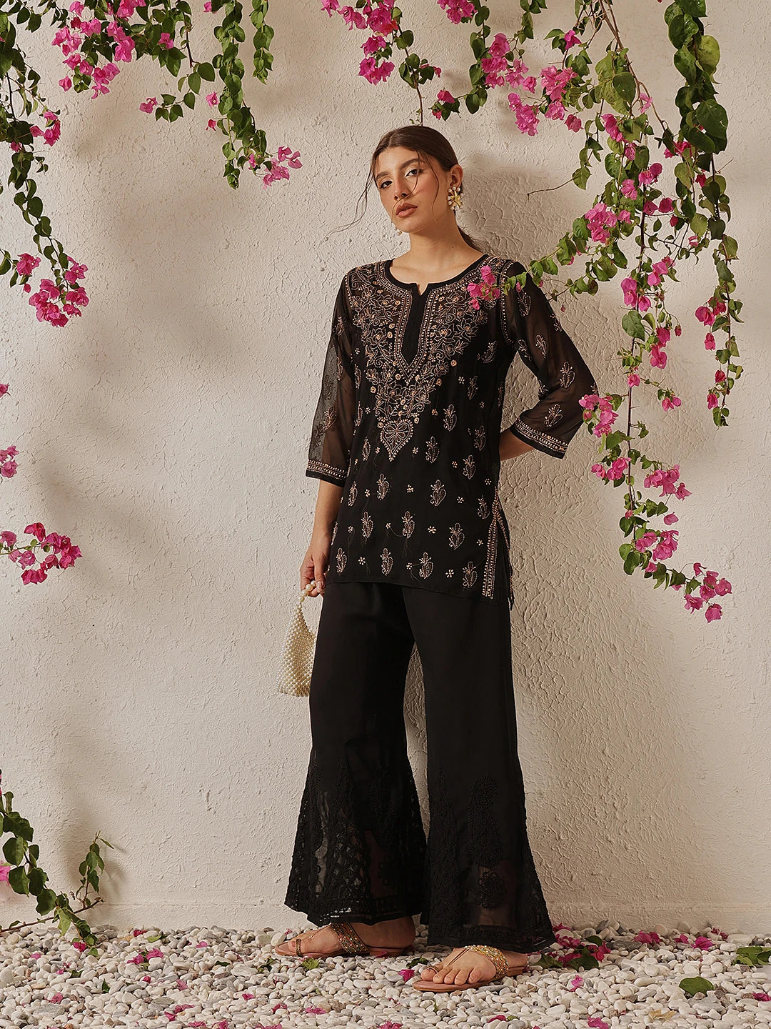 Ada Hand Embroidered Black Georgette Lucknowi Chikankari Palazzo A711165