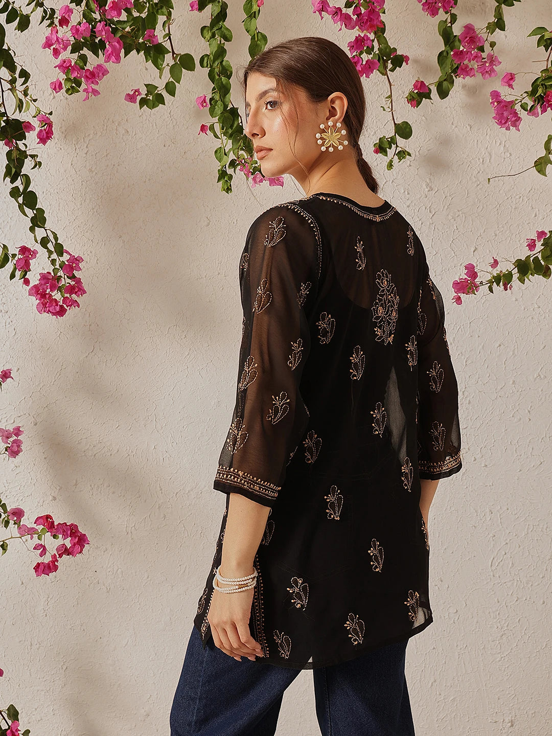 Ada Hand Embroidered Black Georgette Lucknow Chikan Kurti with slip A911132