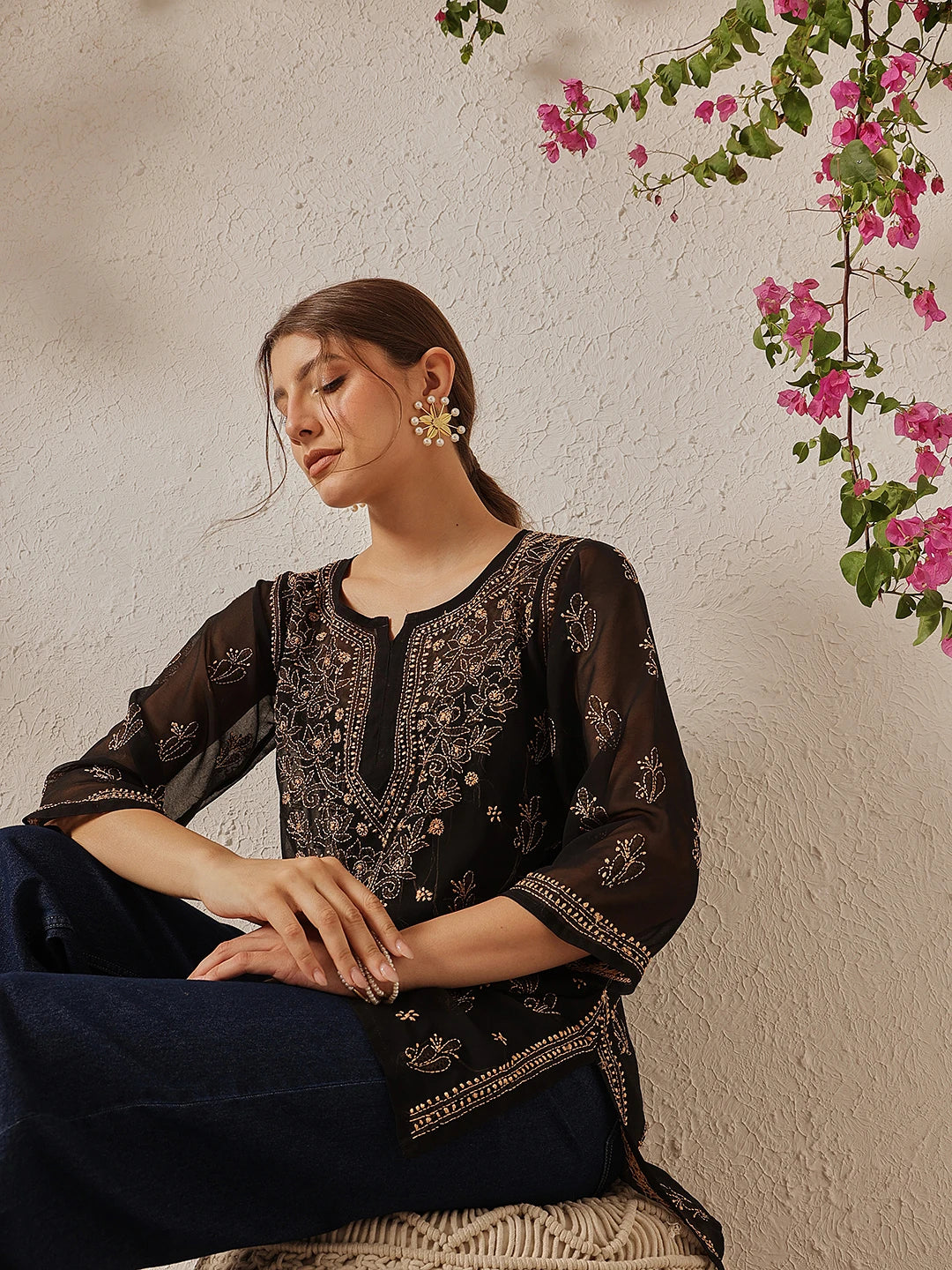 Ada Hand Embroidered Black Georgette Lucknow Chikan Kurti with slip A911132
