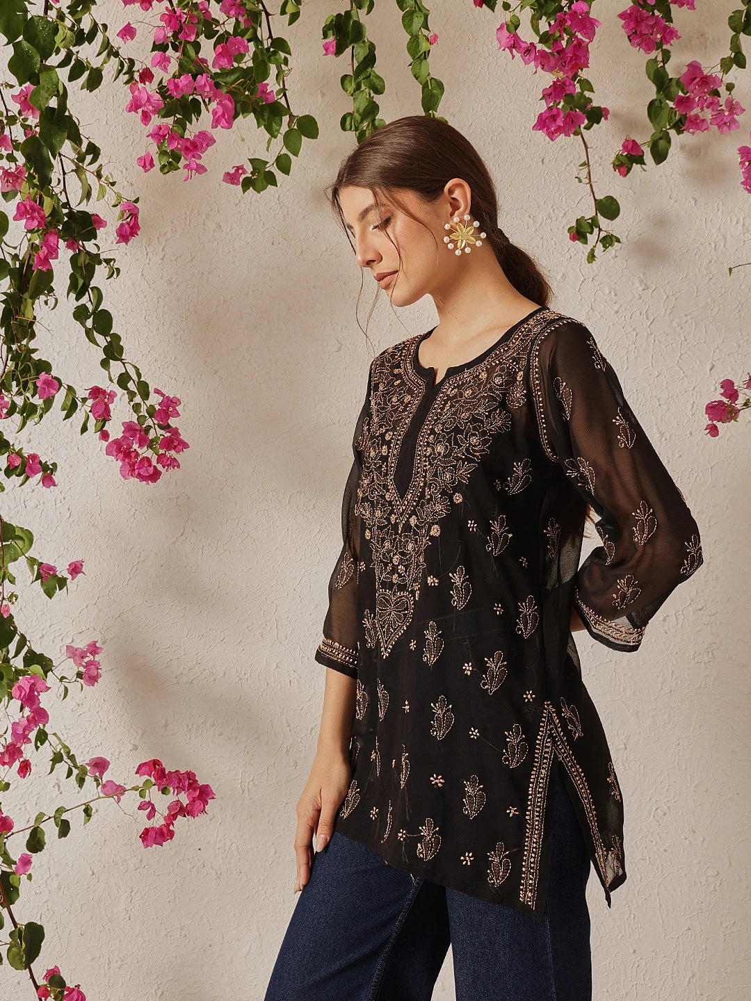 Ada Hand Embroidered Black Georgette Lucknow Chikan Kurti with slip A911132