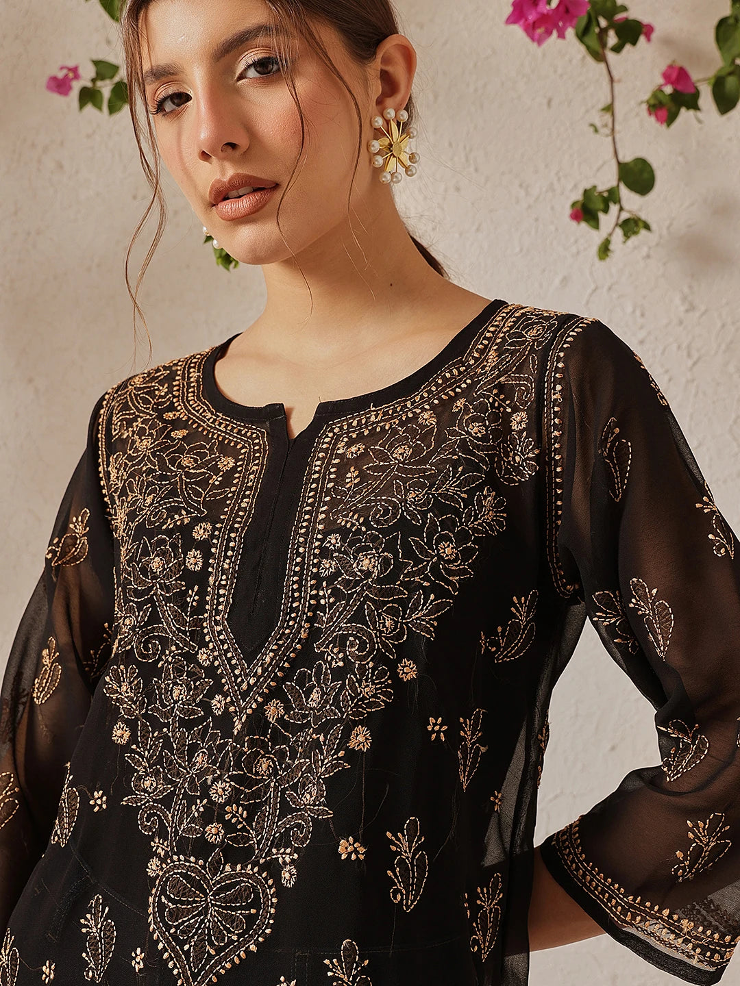 Ada Hand Embroidered Black Georgette Lucknow Chikan Kurti with slip A911132