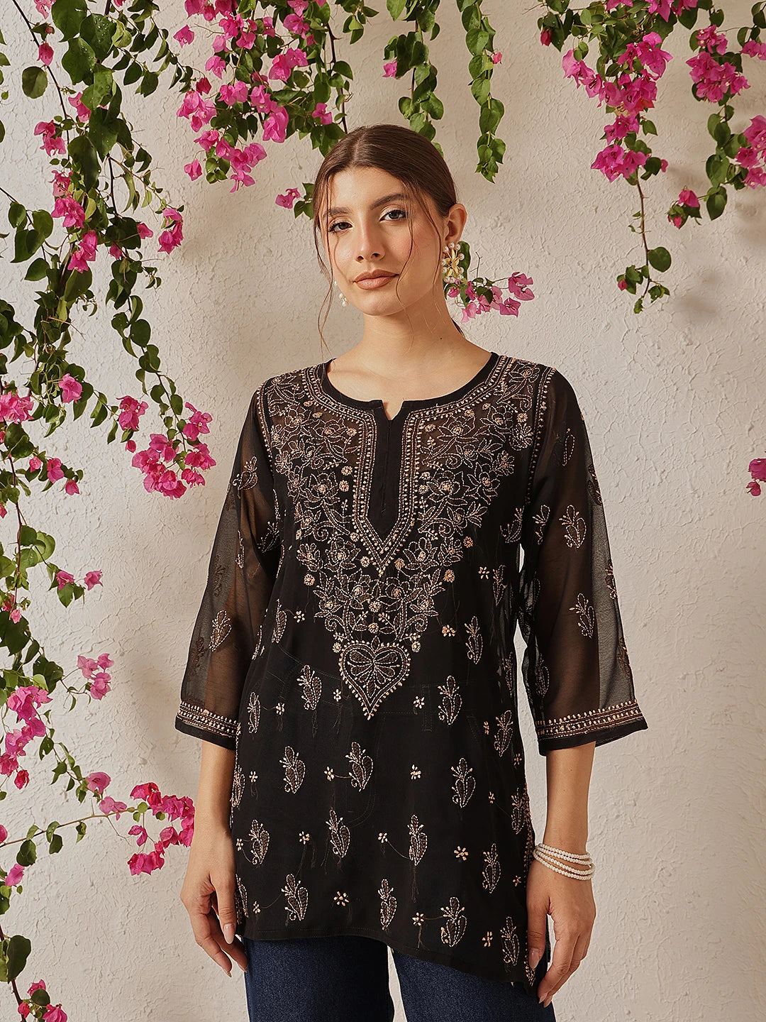 Ada Hand Embroidered Black Georgette Lucknow Chikan Kurti with slip A911132