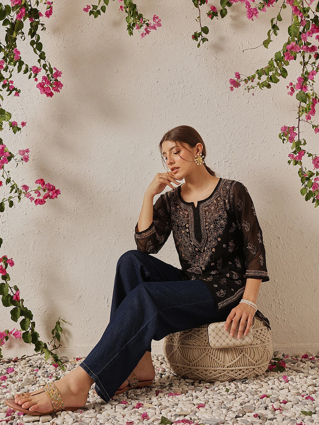 Ada Hand Embroidered Black Georgette Lucknow Chikan Kurti with slip A911132