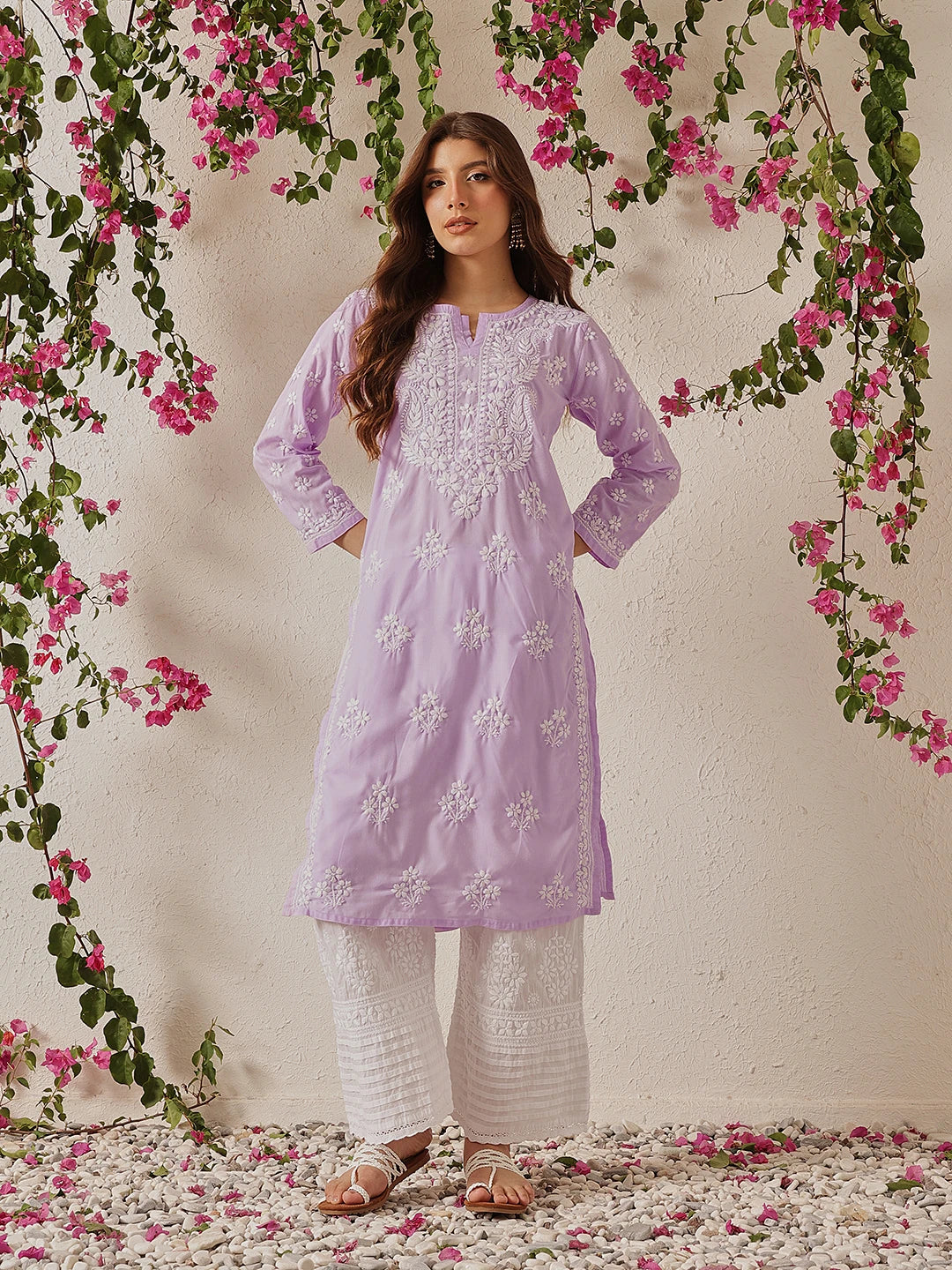Ada Hand Embroidered Lilac Cotton Lucknowi Chikankari Straight Kurta A411697