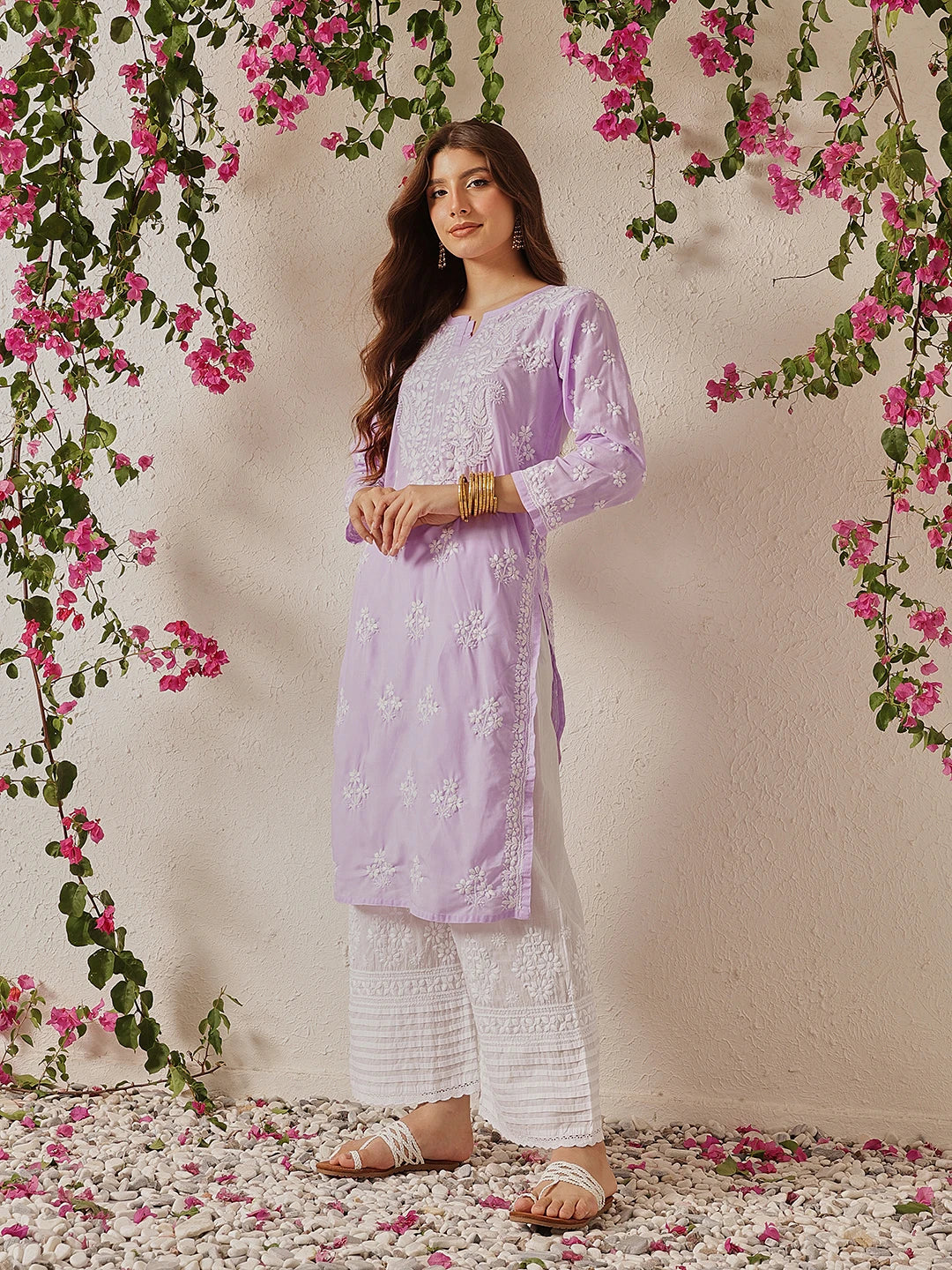 Ada Hand Embroidered Lilac Cotton Lucknowi Chikankari Straight Kurta A411697