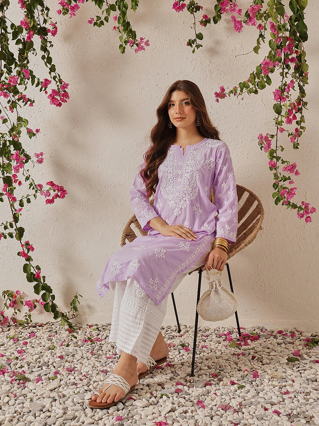 Ada Hand Embroidered Lilac Cotton Lucknowi Chikankari Straight Kurta A411697