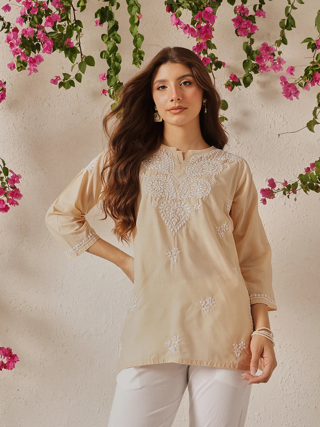 Ada Hand Embroidered Fawn Cotton Lucknowi Chikankari Kurti A911351