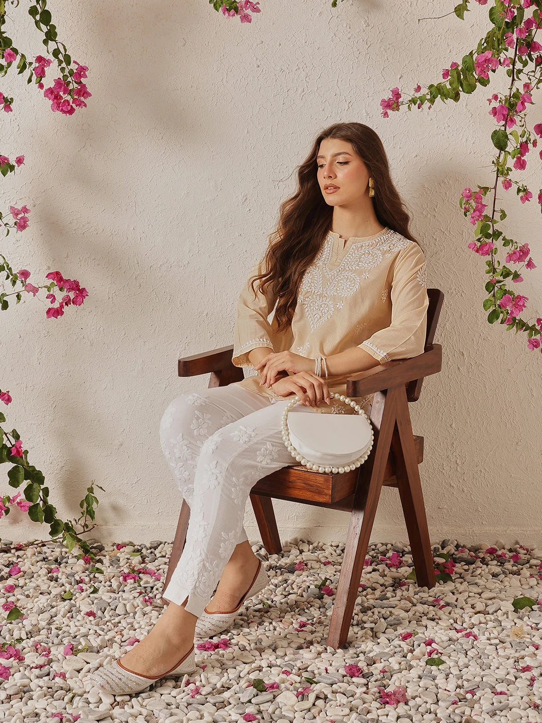 Ada Hand Embroidered Fawn Cotton Lucknowi Chikankari Kurti A911351