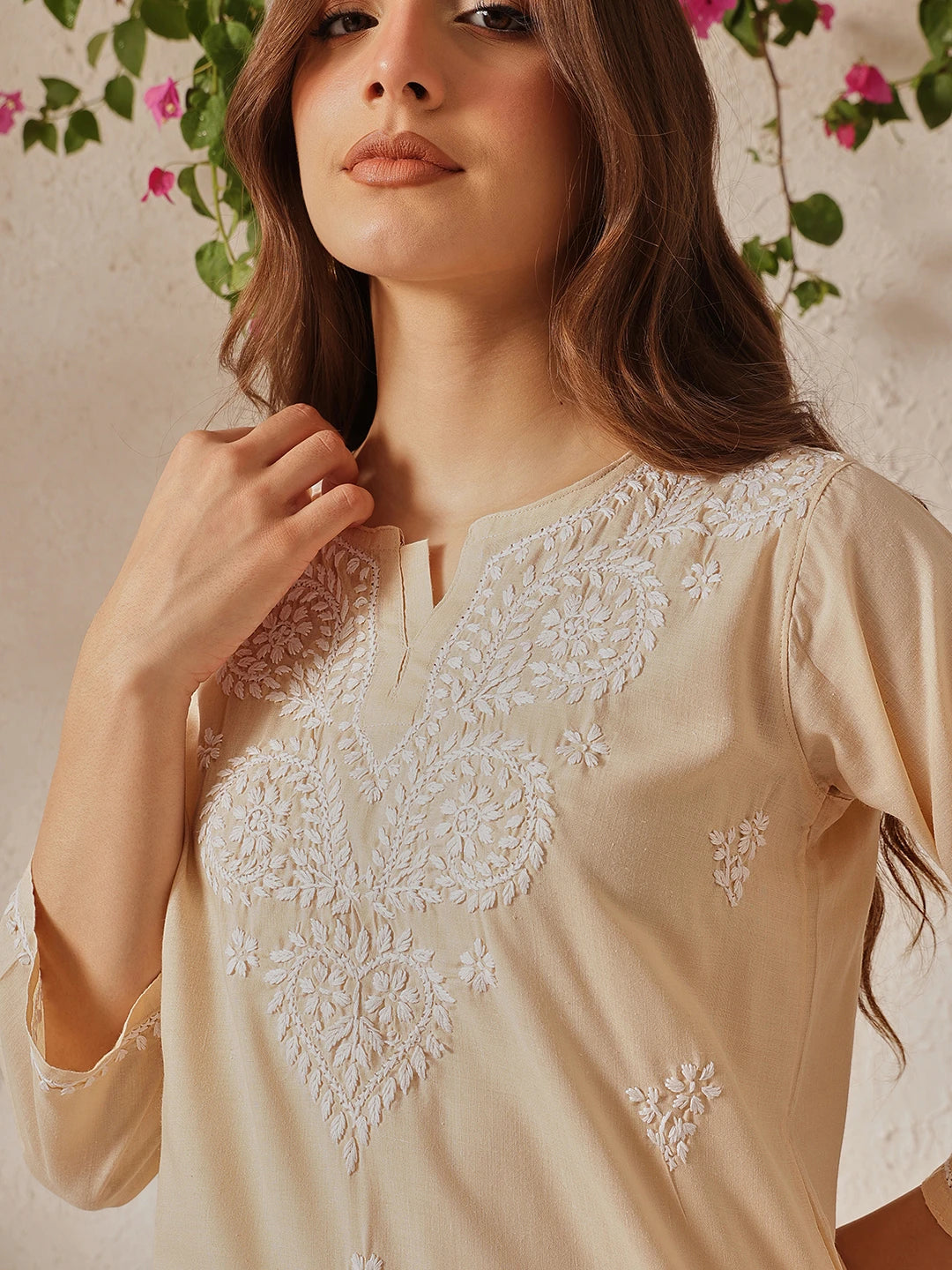 Ada Hand Embroidered Fawn Cotton Lucknowi Chikankari Kurti A911351