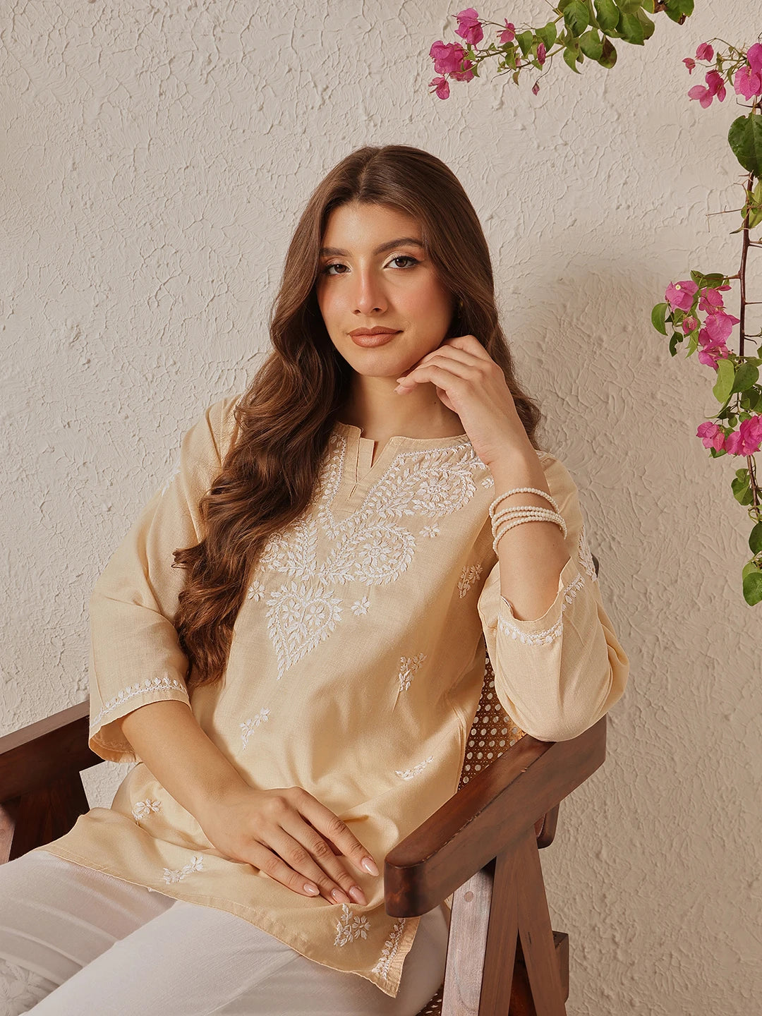 Ada Hand Embroidered Fawn Cotton Lucknowi Chikankari Kurti A911351