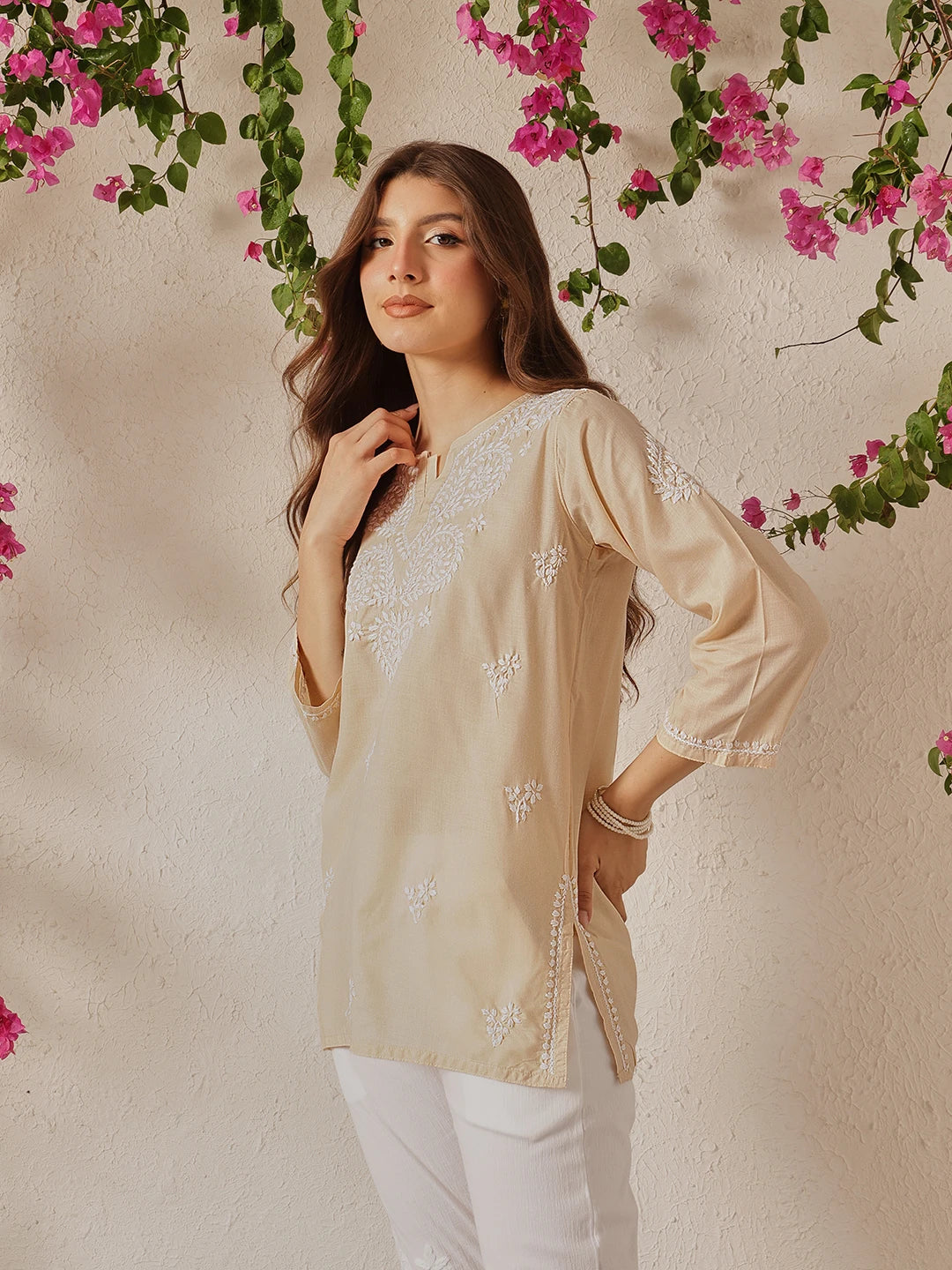 Ada Hand Embroidered Fawn Cotton Lucknowi Chikankari Kurti A911351