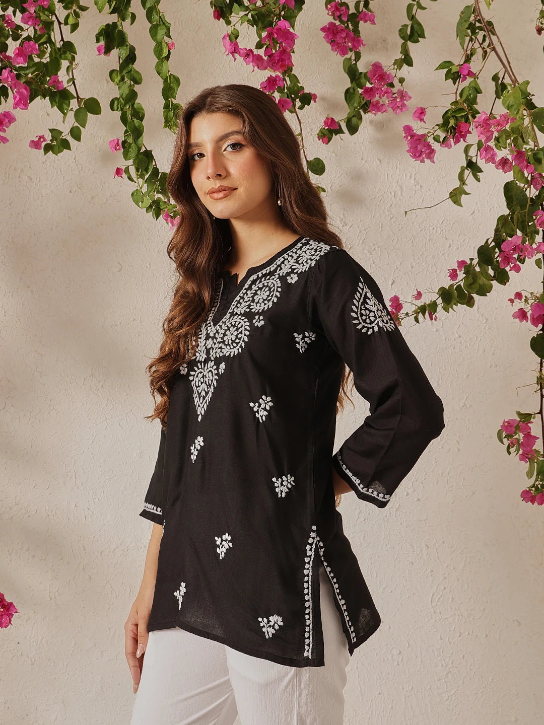 Ada Hand Embroidered Black Cotton Lucknowi Chikankari Straight Kurti A911366