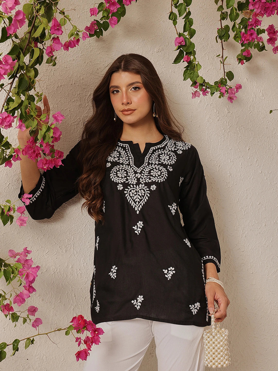 Ada Hand Embroidered Black Cotton Lucknowi Chikankari Straight Kurti A911366