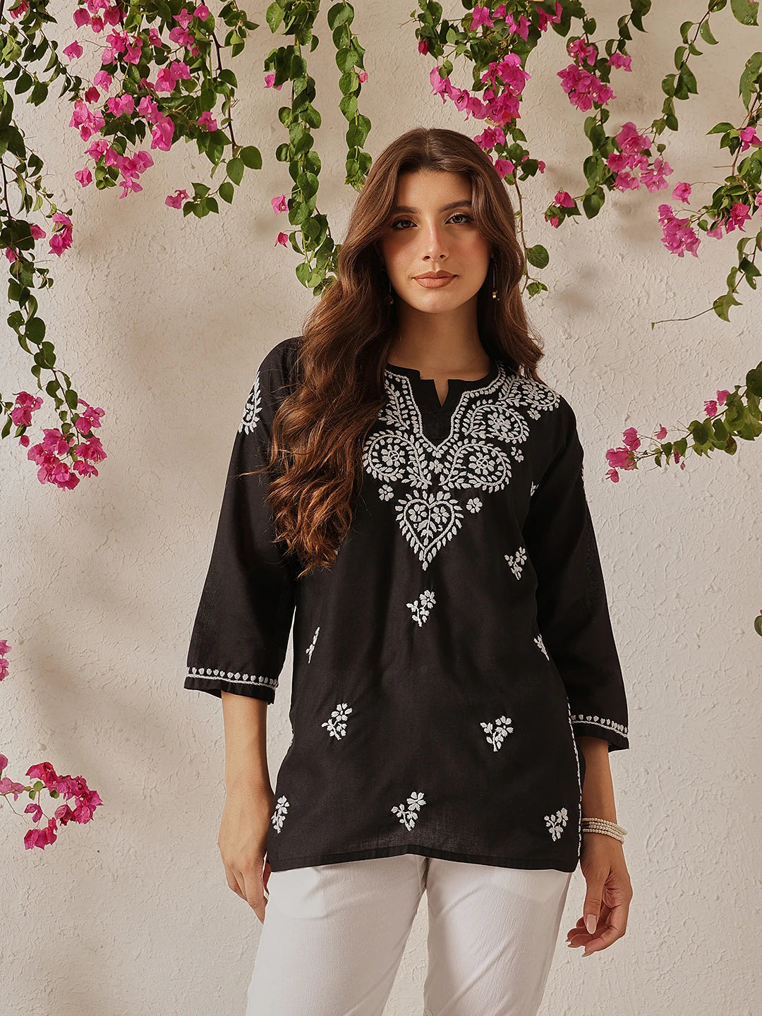 Ada Hand Embroidered Black Cotton Lucknowi Chikankari Straight Kurti A911366