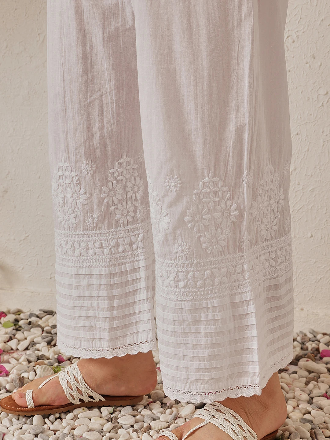 Ada Hand Embroidered White Cotton Lucknowi Chikankari Palazzo A711170
