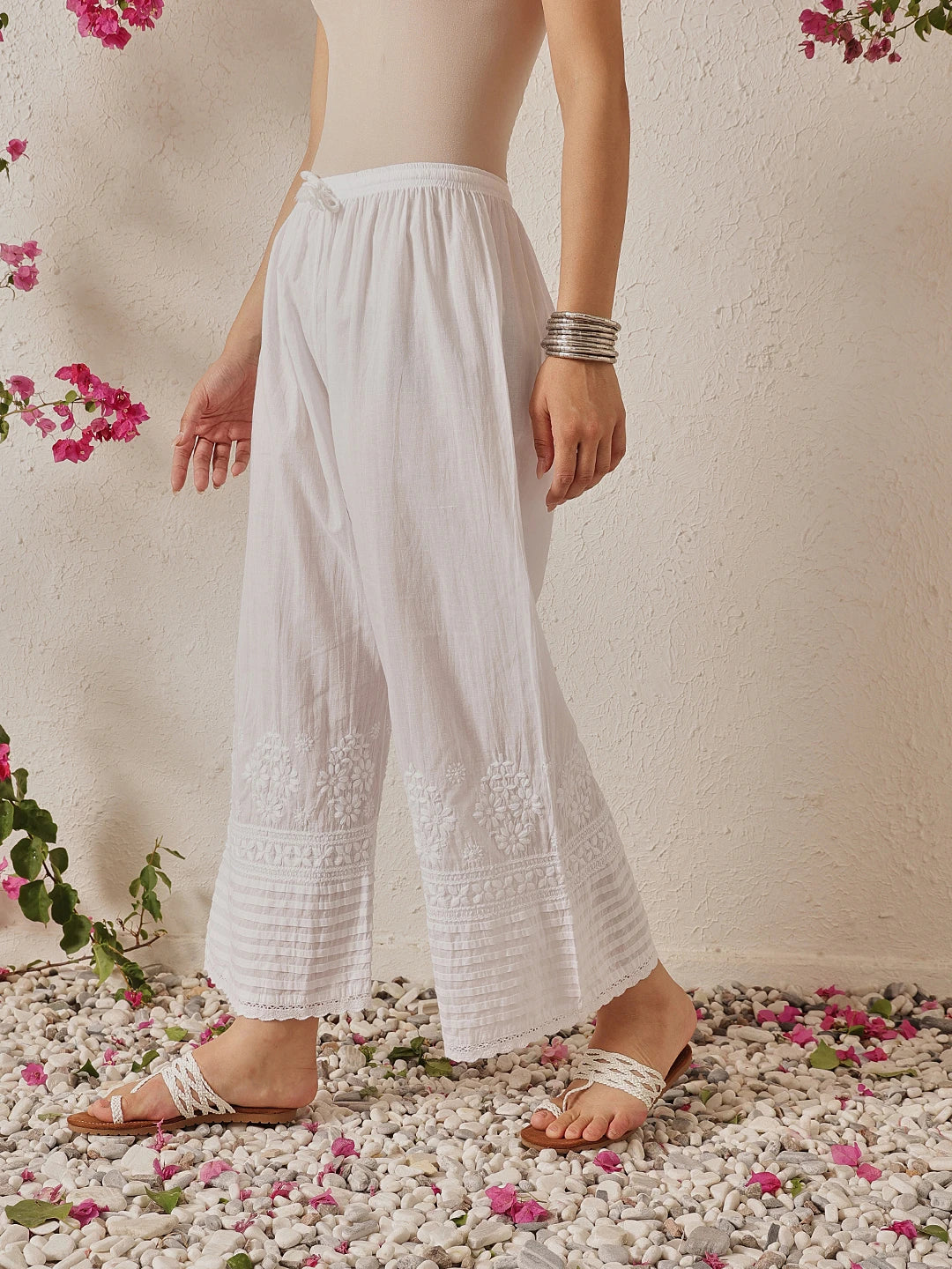 Ada Hand Embroidered White Cotton Lucknowi Chikankari Palazzo A711170
