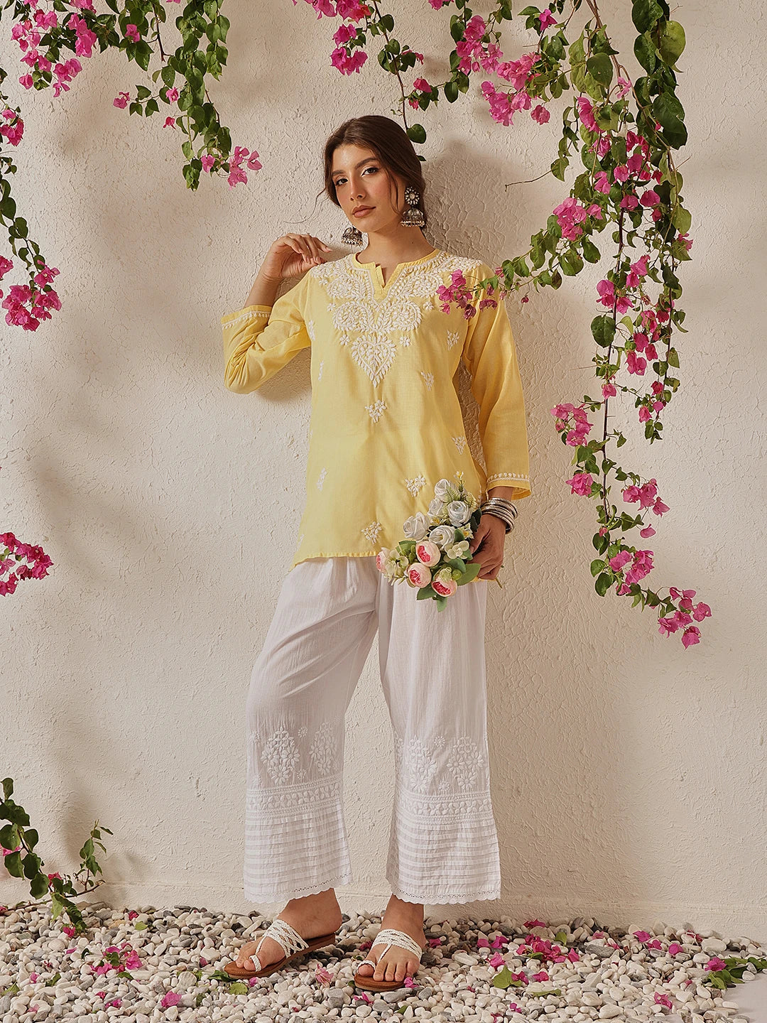 Ada Hand Embroidered White Cotton Lucknowi Chikankari Palazzo A711170