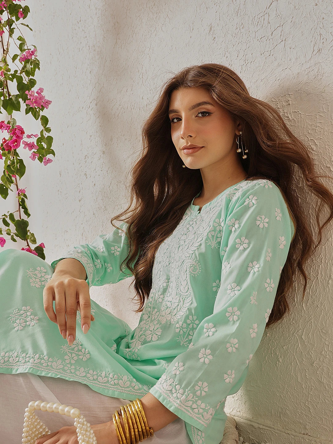 Ada Hand Embroidered Sea Green Cotton Lucknowi Chikankari Straight Kurta A411701