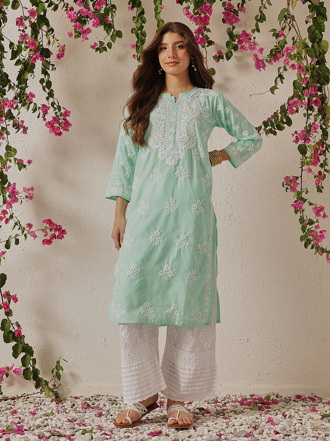 Ada Hand Embroidered Sea Green Cotton Lucknowi Chikankari Straight Kurta A411701