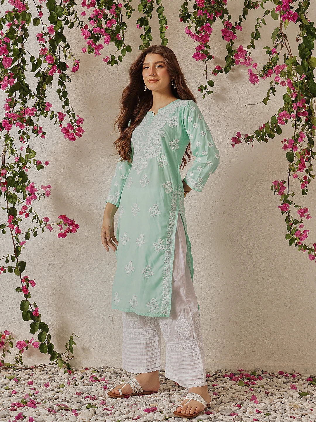 Ada Hand Embroidered Sea Green Cotton Lucknowi Chikankari Straight Kurta A411701