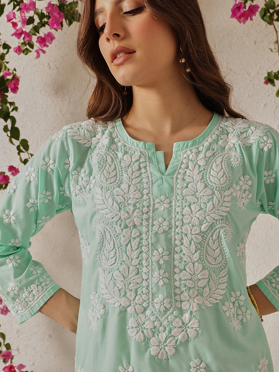 Ada Hand Embroidered Sea Green Cotton Lucknowi Chikankari Straight Kurta A411701