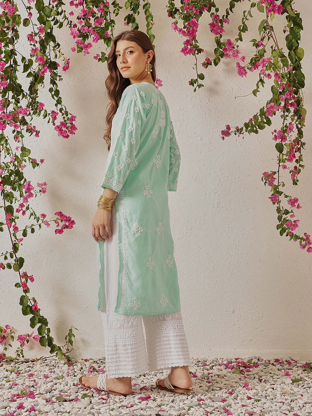Ada Hand Embroidered Sea Green Cotton Lucknowi Chikankari Straight Kurta A411701
