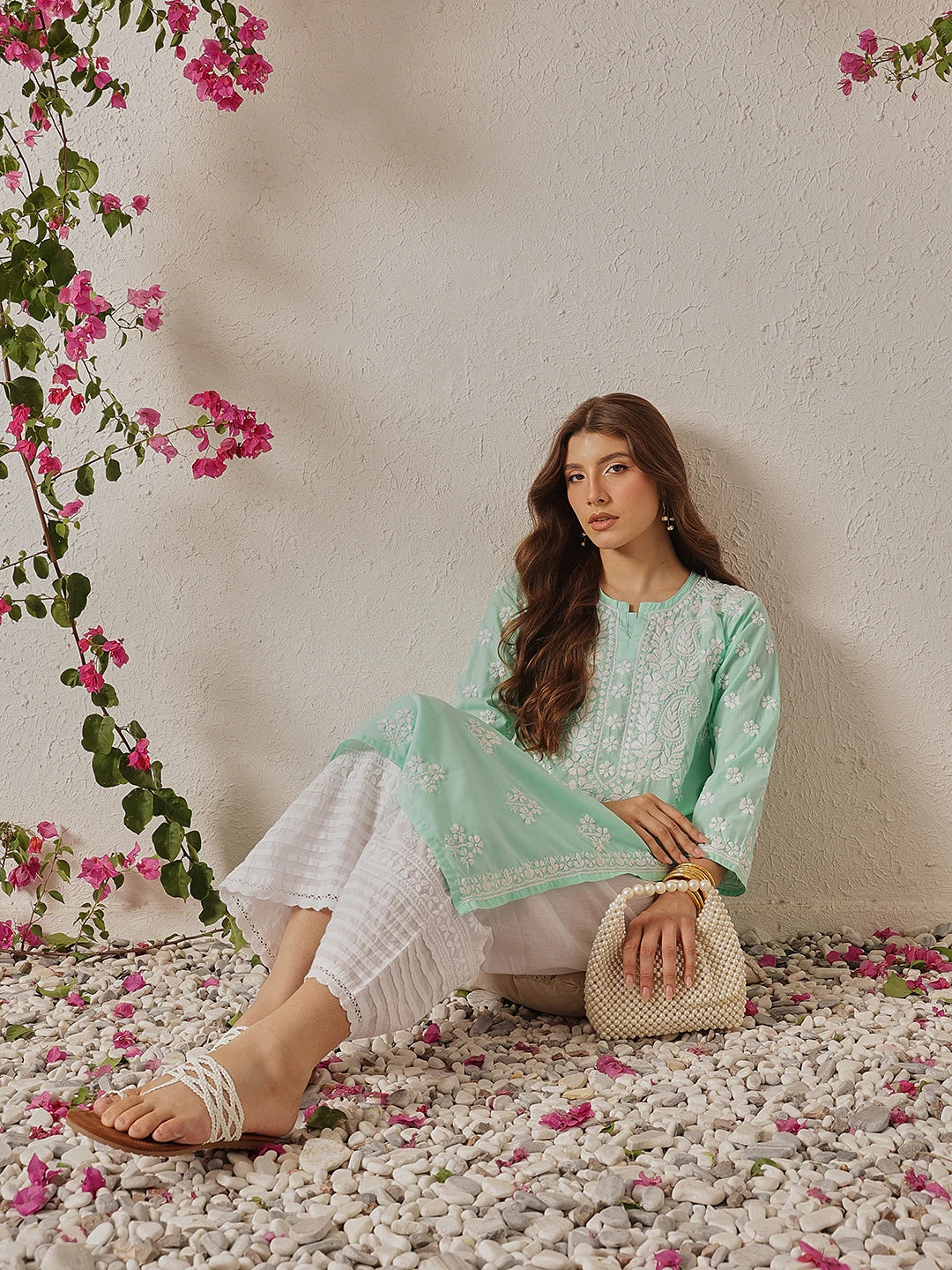 Ada Hand Embroidered Sea Green Cotton Lucknowi Chikankari Straight Kurta A411701