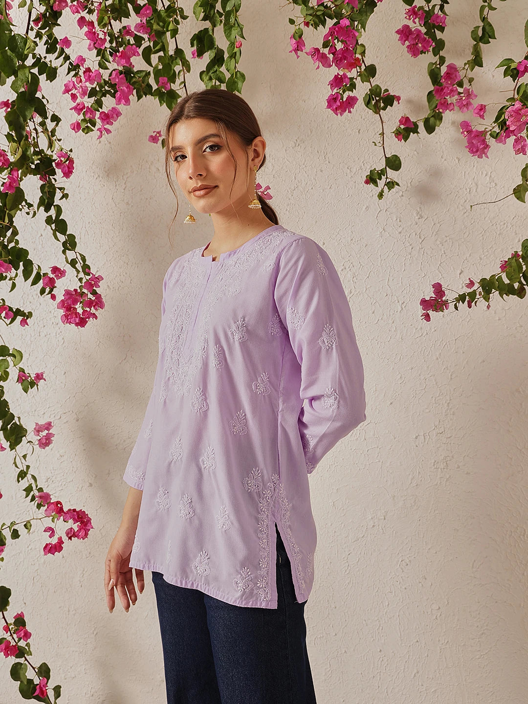 Ada Hand Embroidered Lavender Cotton Lucknowi Chikankari Short Kurti A911493