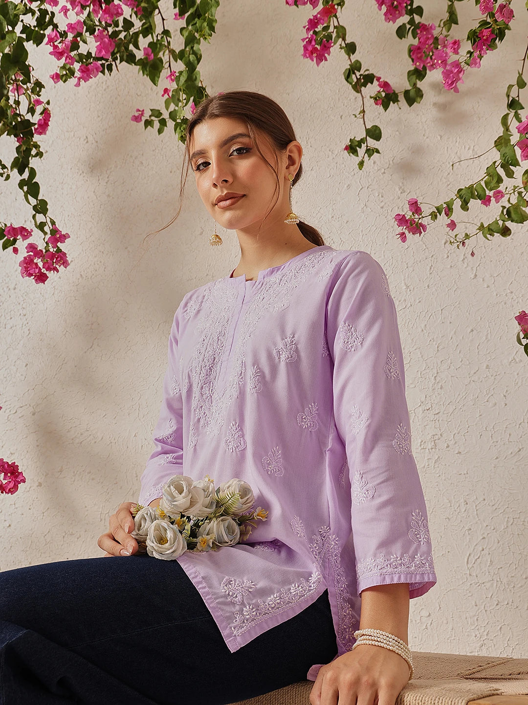 Ada Hand Embroidered Lavender Cotton Lucknowi Chikankari Short Kurti A911493