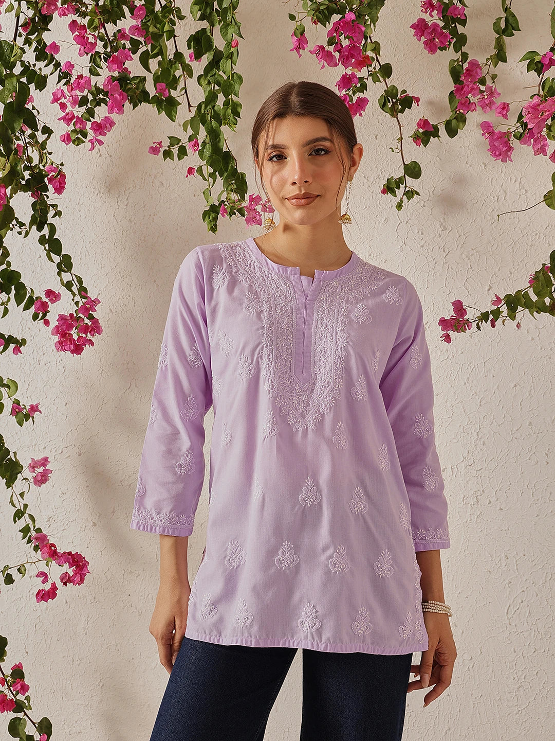 Ada Hand Embroidered Lavender Cotton Lucknowi Chikankari Short Kurti A911493