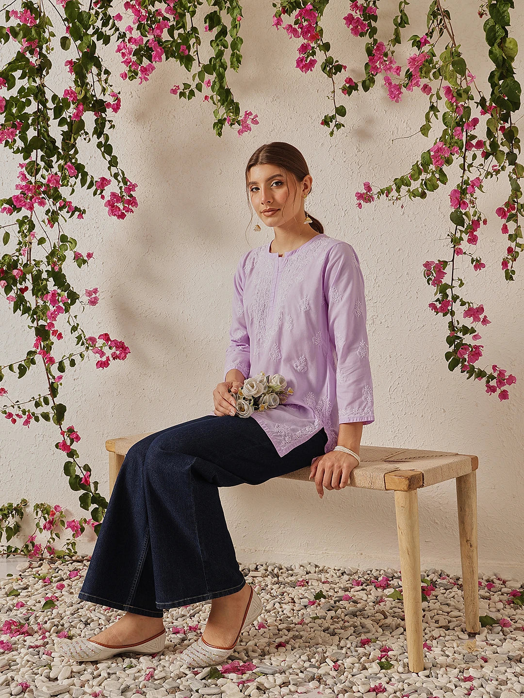 Ada Hand Embroidered Lavender Cotton Lucknowi Chikankari Short Kurti A911493