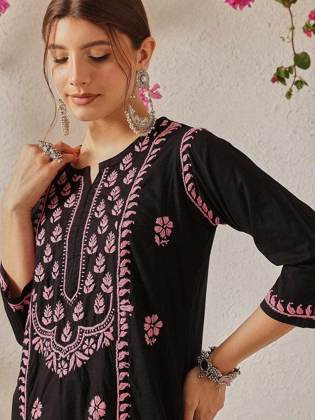 Ada Hand Embroidered Black Cotton Lucknowi Chikankari Straight Kurta A411771