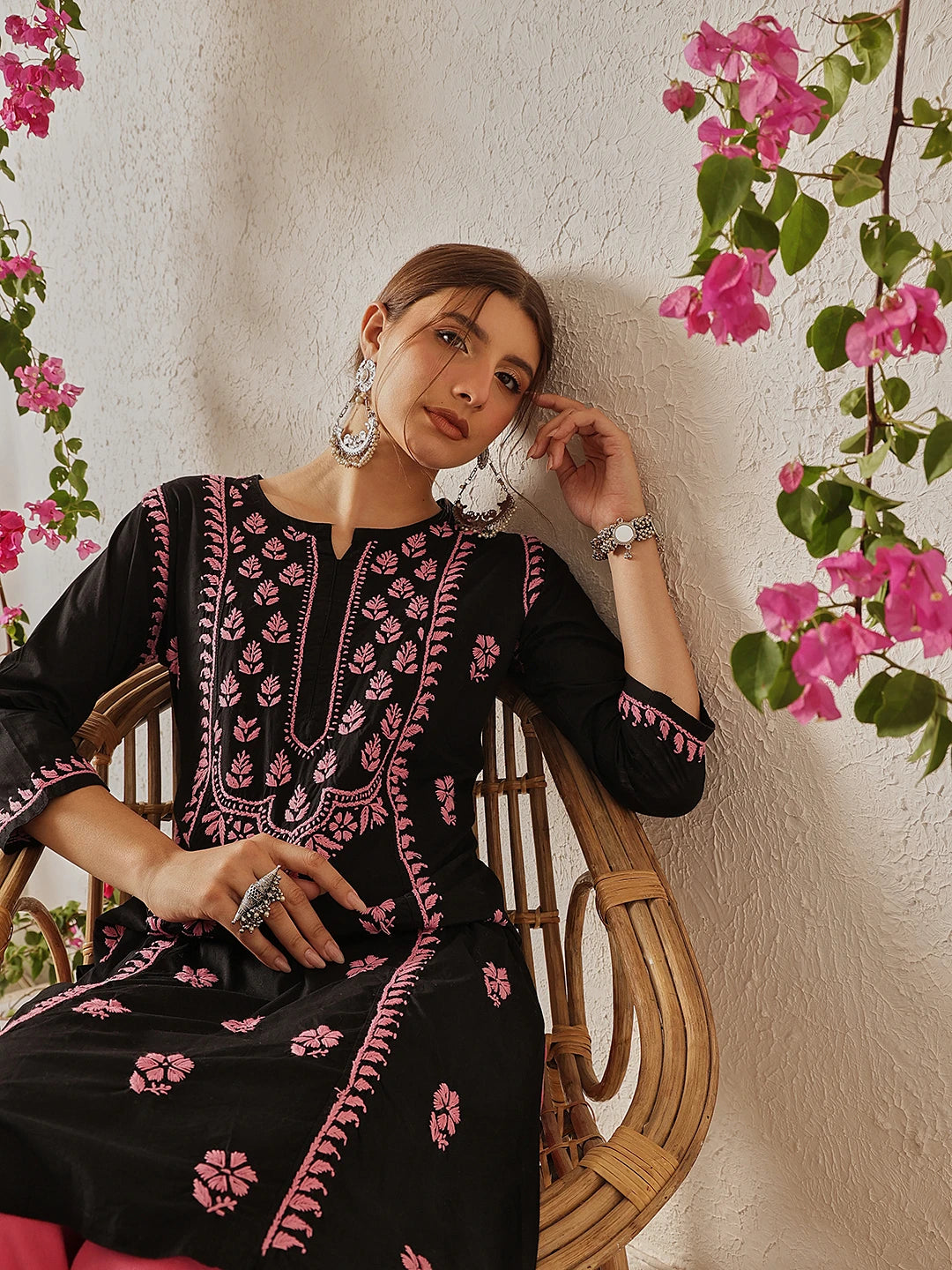 Ada Hand Embroidered Black Cotton Lucknowi Chikankari Straight Kurta A411771