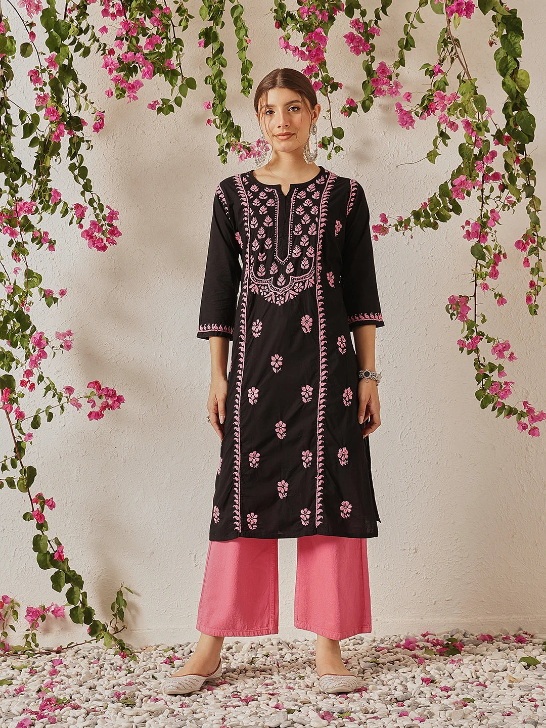 Ada Hand Embroidered Black Cotton Lucknowi Chikankari Straight Kurta A411771