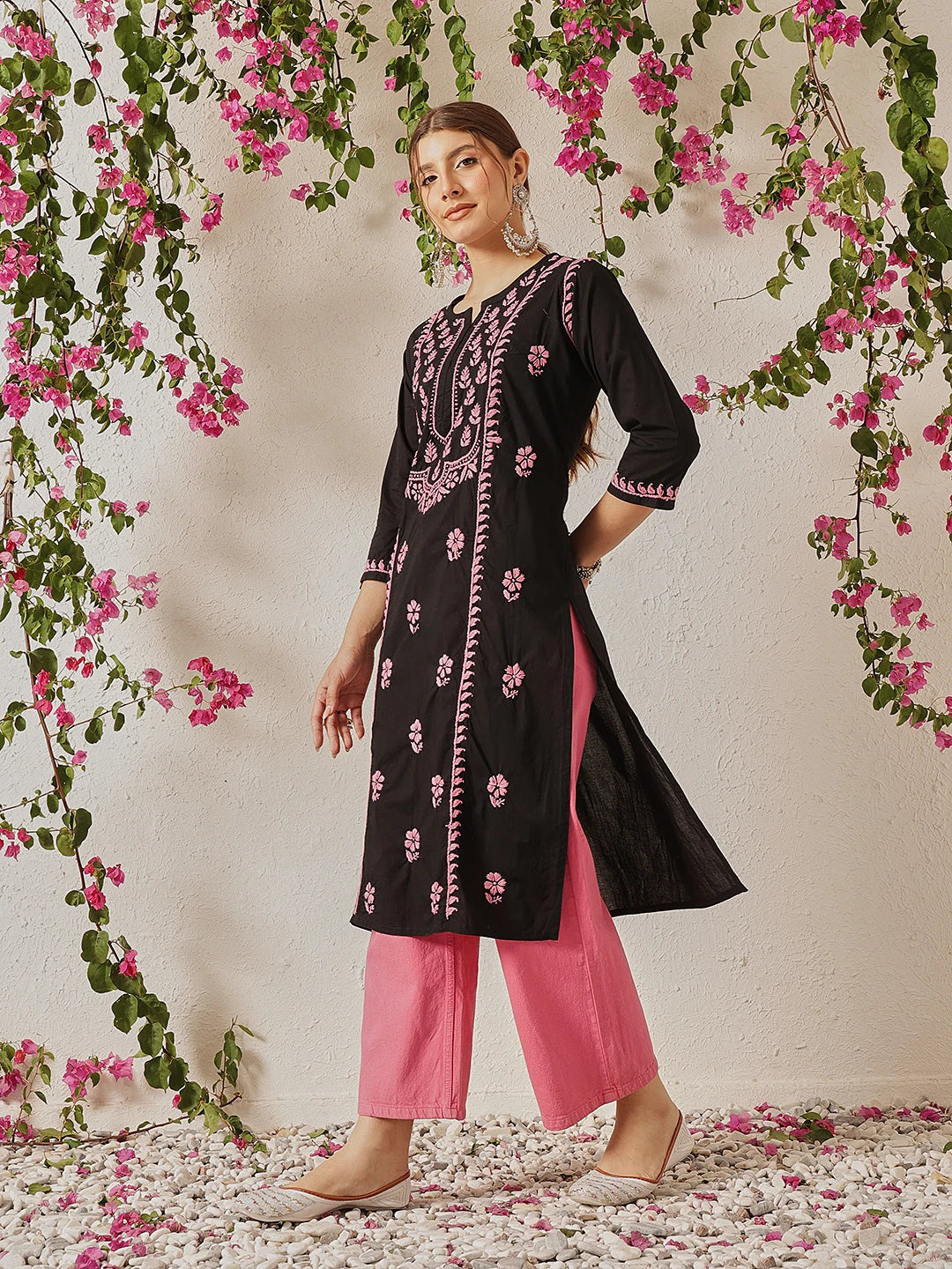 Ada Hand Embroidered Black Cotton Lucknowi Chikankari Straight Kurta A411771